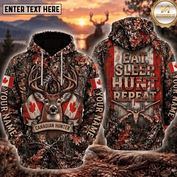 Maxcorners Deer Hunting Canadian Hunter Eat Sleep Hunt Repeat Canada Flag Buck Camo Personalized Hoodie Custom Name 3D Shirt