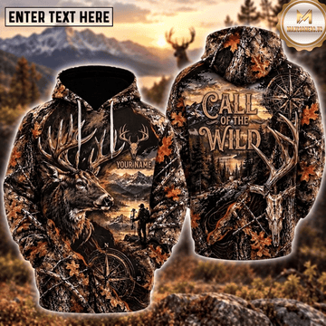 Maxcorners Deer Hunting Call Of The Wild Compass Bow Hunter Mountain Lake Skull Camo Personalized Hoodie Custom Name 3D Shirt