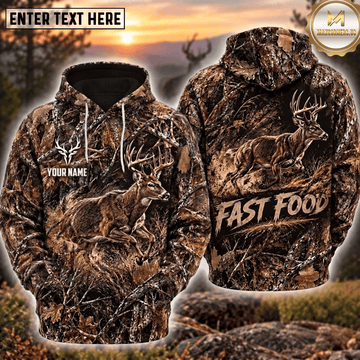 Maxcorners Deer Hunting Fast Food Running Buck Sunset Camo Personalized Hoodie Custom Name 3D Shirt