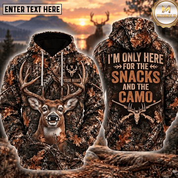 Maxcorners Deer Hunting I'm Only Here For The Snacks And The Camo Funny Buck Face Camo Personalized Hoodie Custom Name 3D Shirt
