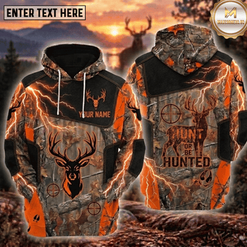 Maxcorners Deer Hunting Hunt Or Be Hunted Orange Thunder Lightning Buck Skull Crosshair Camo Personalized Hoodie Custom Name 3D Shirt