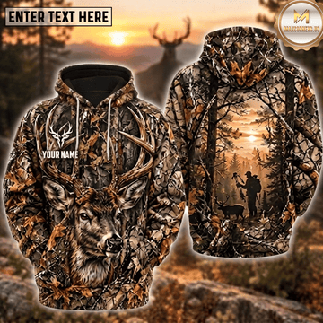 Maxcorners Deer Hunting Big Buck Bow Hunter Sunset Forest Camo Personalized Hoodie Custom Name 3D Shirt
