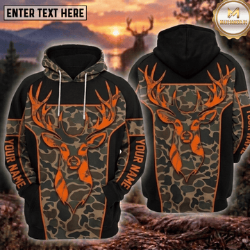Maxcorners Deer Hunting Blaze Orange Black Buck Head Duck Camo Personalized Hoodie Custom Name 3D Shirt