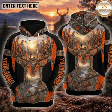 Maxcorners Deer Hunting Hunter And Dog Mountain Lake Sunset Buck Head Camo Personalized Hoodie Custom Name 3D Shirt