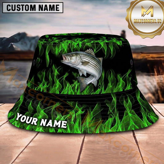 Maxcorners Fishing Green Lightning Fishing Scene with Bold Effect Personalized Name 3D Bucket Hat (13 Fish Species)