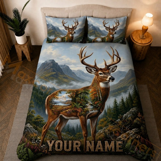Maxcorners Majestic Stag Deer Mountain Forest Nature Bedding Set 3D Print Custom Name