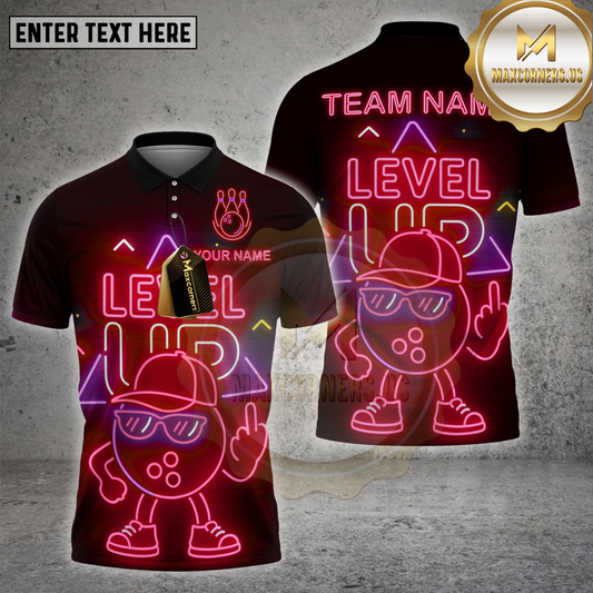 Maxcorners Bowling Neon Level Up Style Multicolor Options Personalized Name, Team Name 3D Shirt (4 Colors)