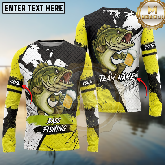 Maxcorners Fishing Funny Beer Fish Personalized Name, Team Name Long Sleeve Shirt (9 Fish Species)