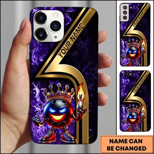Maxcorners Bowling Phone Case King Bowling Ball Crown Fire Blue Smoke Design Personalized Name Phone Case | Purple