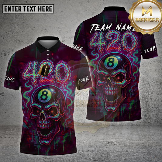 Maxcorners Billiards Shirt Skull 8 Ball 420 Neon Glow Multioptions Personalized Name, Team Name Unisex 3D Shirt (4 Colors)