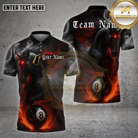 Maxcorners Billiards Shirt Black Horse with 8 Ball Flames Multioptions Personalized Name, Team Name Unisex 3D Shirt (4 Colors)