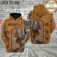 Maxcorners Deer Hunting Brown Leather Camouflage Stitched Western Personalized Name 3D Hoodie (4 Colors)