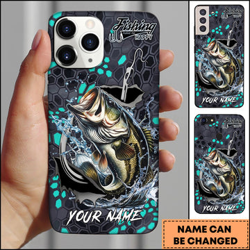 Maxcorners Bass Fishing Hexagon Tech Pattern Hook Icon Water Splash Personalized Name Phone Case