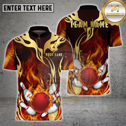 Maxcorners Bowling Ball Tribal Flame Gold Accents Multicolor Options Personalized Name, Team Name 3D Shirt (4 Colors)
