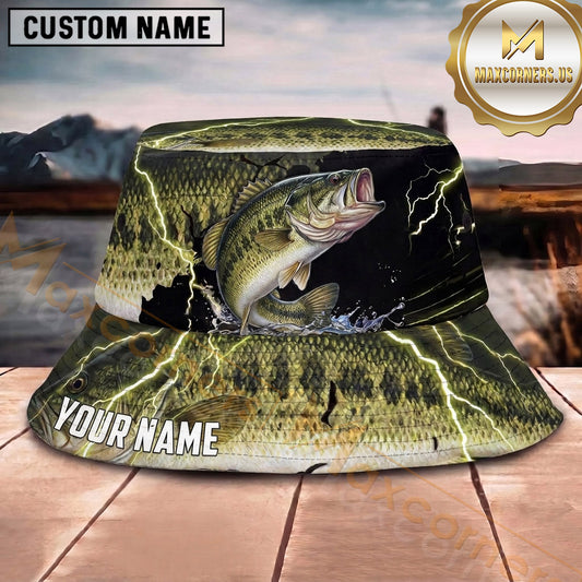 Maxcorners Fishing Red White Blue Flag Fishing Design with Splash Personalized Name 3D Bucket Hat (13 Fish Species)