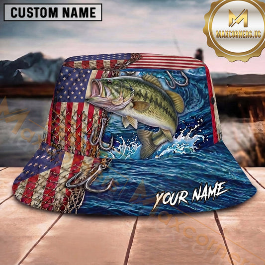 Maxcorners Fishing Patriotic American Flag Fishing Design with Dynamic Water Splash Personalized Name 3D Bucket Hat (13 Fish Species)