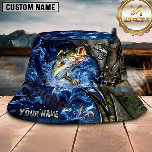 Maxcorners Fishing Blue Smoke Hook Personalized Name 3D Bucket Hat (12 Fish Species)