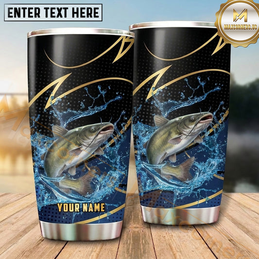 Maxcorners Fishing Tumbler Black Gold Curved Line Design Personalized Name Tumbler (13 Species)