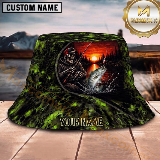 Maxcorners Fishing Red Black Camo Fishing Design with Splash Personalized Name 3D Bucket Hat (13 Fish Species)