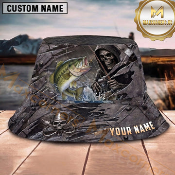 Maxcorners Fishing Blue Water Camo Fishing Illustration Personalized Name 3D Bucket Hat (13 Fish Species)