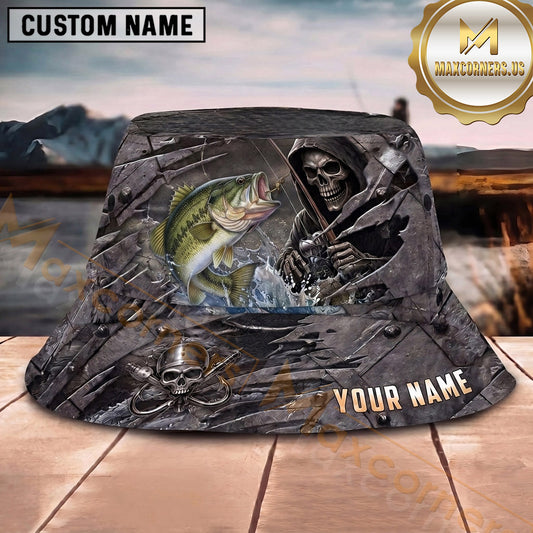 Maxcorners Fishing Blue Water Camo Fishing Illustration Personalized Name 3D Bucket Hat (13 Fish Species)