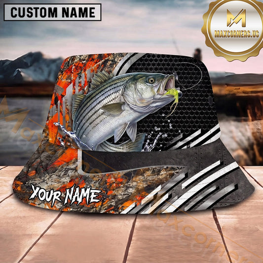 Maxcorners Fishing Green Flame Camo Fishing Scene Personalized Name 3D Bucket Hat (13 Fish Species)