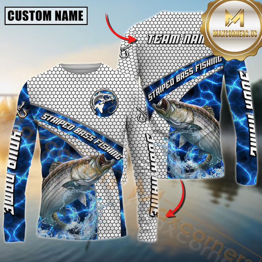 Maxcorners Striped_Bass Fishing Honeycomb Electric Water Splash Personalized Name, Team Name Long Sleeve Shirt