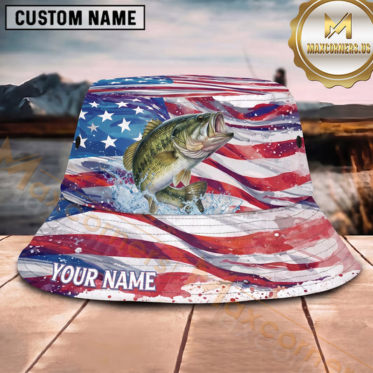 Maxcorners Fishing Watercolor American Flag Splash Personalized 3D Bucket Hat (13 Fish Species)