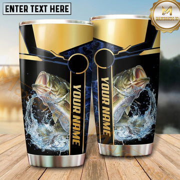 Maxcorners Fishing Tumbler Black Gold Trophy Stripe Design Personalized Name Tumbler (13 Species)
