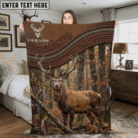 Maxcorners Rustic Leather Zipper Red Stag Woodland Wildlife Personalized 3D Blanket