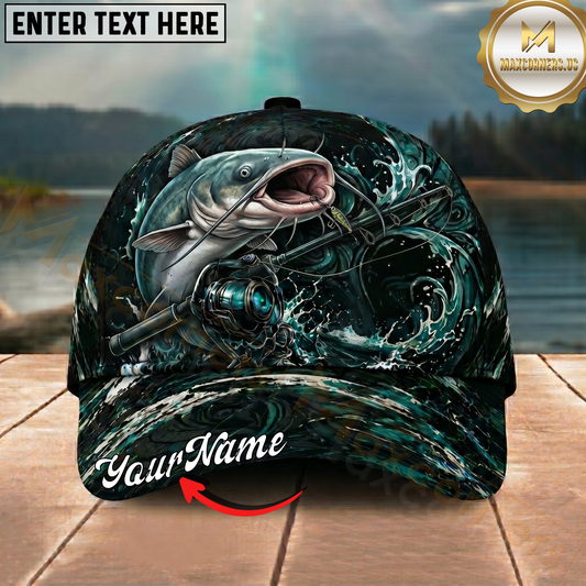 Maxcorners Fishing Dark Ocean Swirl Rod Splash Personalized 3D Cap (12 Fish Species)