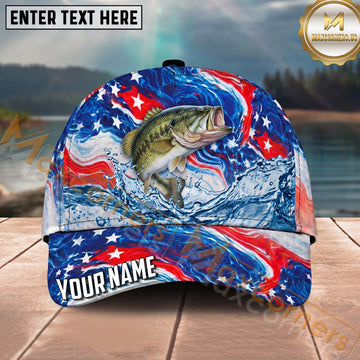 Maxcorners Fishing Patriotic Red White Blue Wave Personalized Name 3D Cap (12 Fish Species)