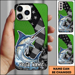 Maxcorners Marlin Fishing Neon Green Honeycomb Wave Splash Personalized Name Phone Case