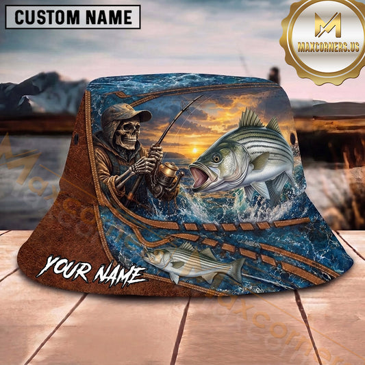Maxcorners Fishing Lightning Storm Fishing Scene with Dramatic Effect Personalized Name 3D Bucket Hat (13 Fish Species)
