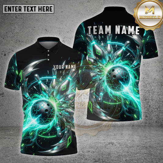 Maxcorners Bowling Neon Cyber Energy Ball and Pins Multiple Options Personalized Name, Team Name 3D Shirt