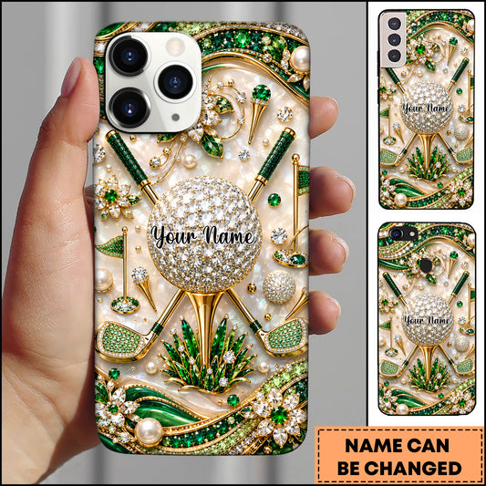 Maxcorners Golf Luxury 3D Rhinestone Club and Ball Motif Green Personalized Phone Case