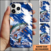 Maxcorners Fishing Blue White Brushstroke Ocean Wave Personalized Name Phone Case (12 Fish Species)