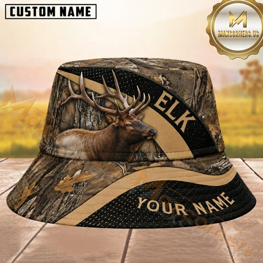 Maxcorners Elk Hunting Brown Black Woodland Camouflage Personalized Name 3D Bucket Hat