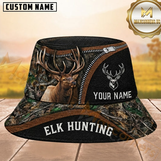Maxcorners Elk Hunting Zipper Woodland Camouflage Black Brown Personalized Name 3D Bucket Hat