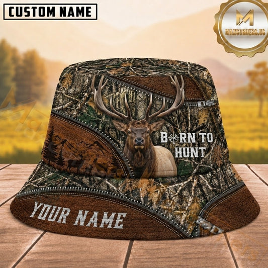 Maxcorners Elk Hunting Born to Hunt Brown Woodland Zipper Camouflage Personalized Name 3D Bucket Hat