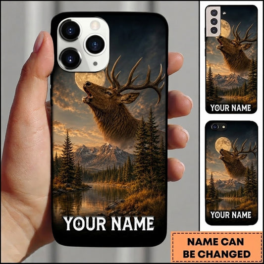Maxcorners Hunting Roaring Elk Golden Moonlit Mountain Lake Customized Name Phone Case