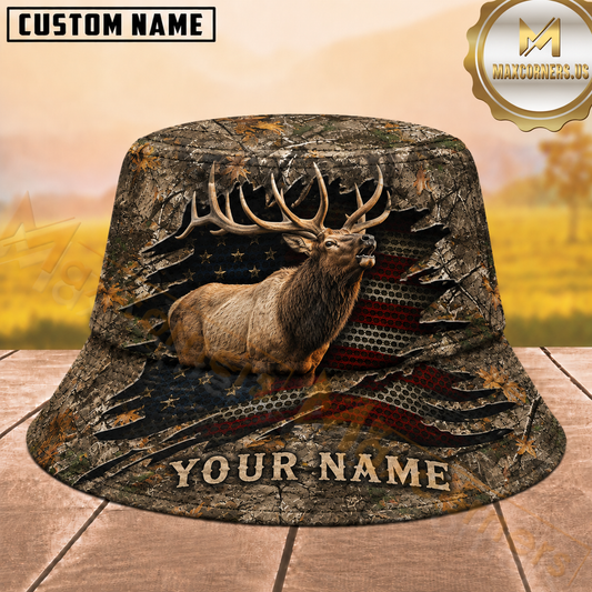 Maxcorners Elk Hunting Distressed American Flag Woodland Camouflage Personalized Name 3D Bucket Hat