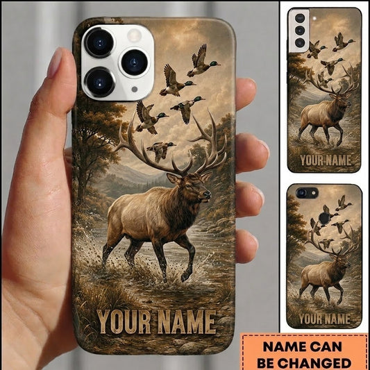 Maxcorners Hunting Elk Vintage Golden River Flying Ducks Customized Name Phone Case