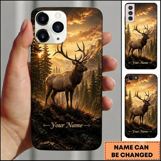 Maxcorners Hunting Elk Golden Sunset Mountain Forest Customized Name Phone Case