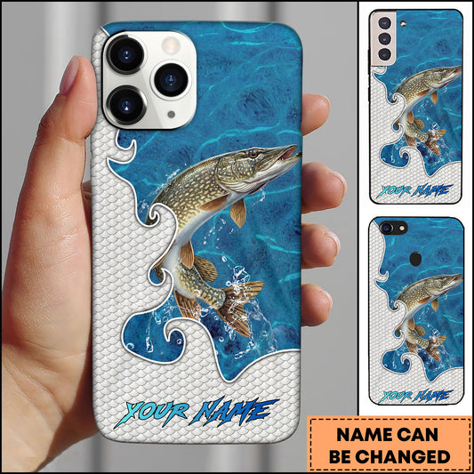 Maxcorners Pike Fishing Ocean Blue Wave Scale Pattern Splash Personalized Name Phone Case