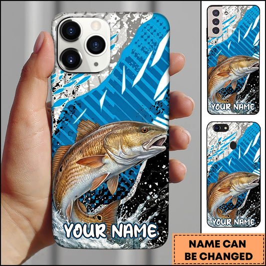 Maxcorners Fishing Jumping Redfish Blue Geometric Splash Art Personalized Name Phone Case