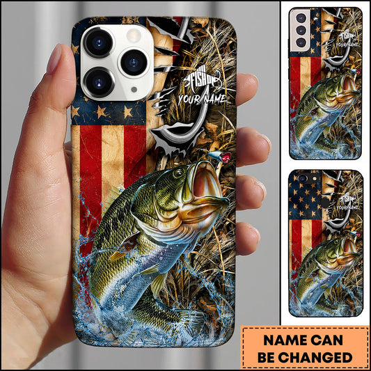 Maxcorners Rustic American Flag Woodland Personalized Name Phone Case (13 Fish Species)