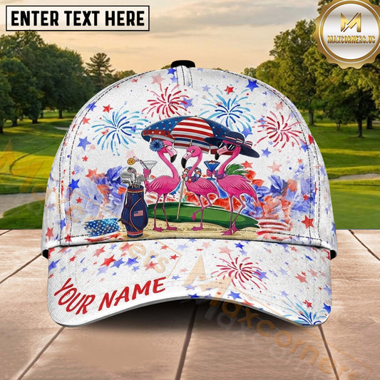 Maxcorners Golf Patriotic Flamingo Fireworks Celebration Personalized Name 3D Classic Cap