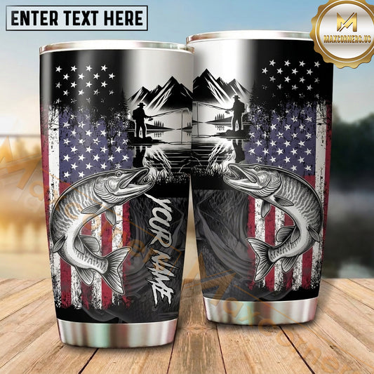Maxcorners Fishing Tumbler Monochrome Cabin Flag Collage Design Personalized Name Tumbler (13 Species)