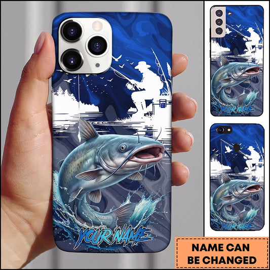 Maxcorners Fishing Vintage Blue Fishing Scene with Silhouette Angler and Dynamic Water Splash Personalized Name Phone Case (13 Fish Species)